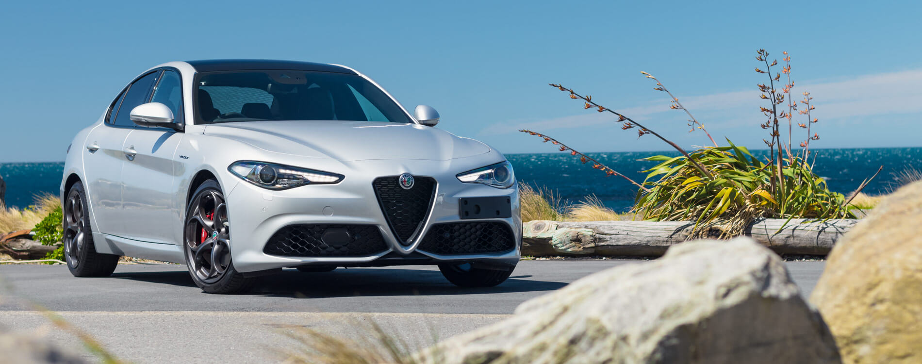 Front 3/4 shot of a silver giulia