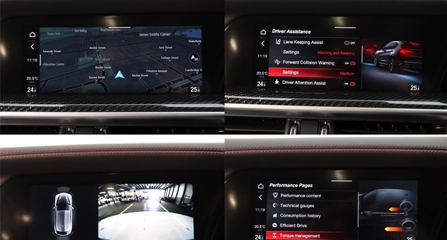 Four screens from a Stelvio's infotainment system