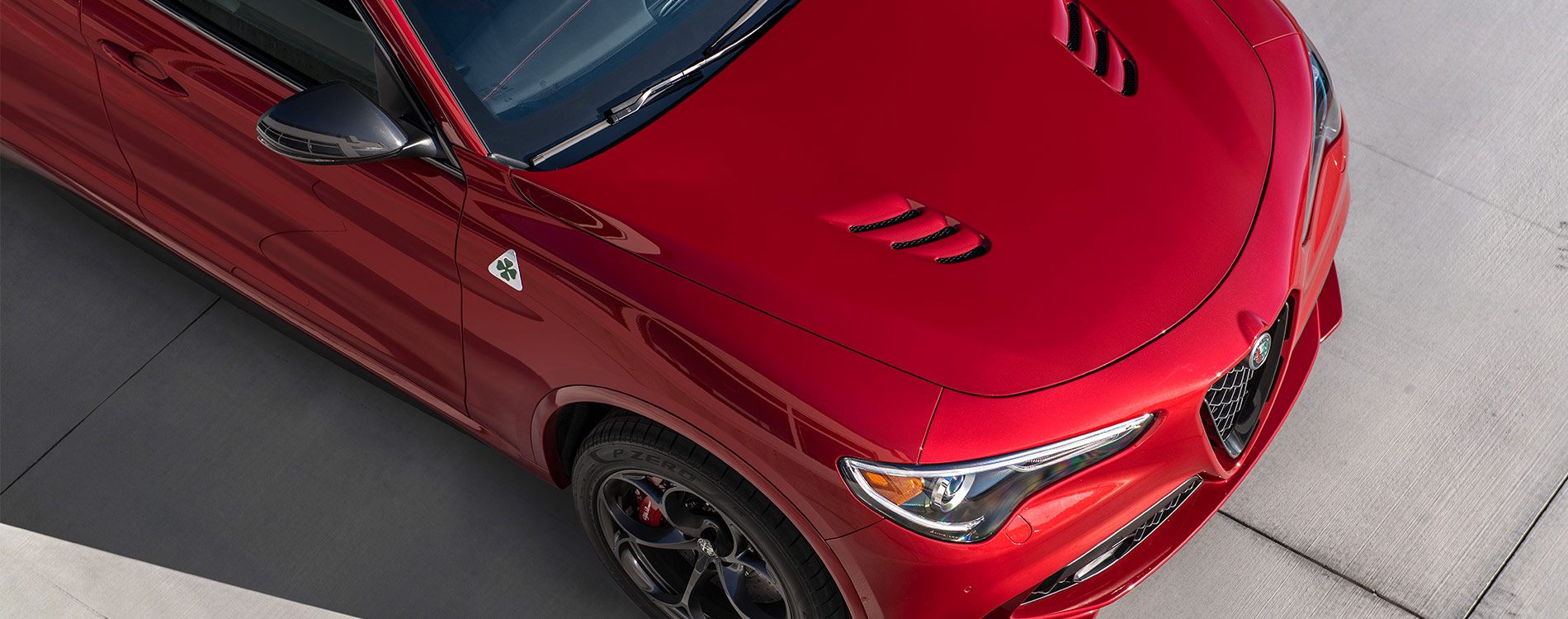 Top down view of a red Stelvio QV bonnet