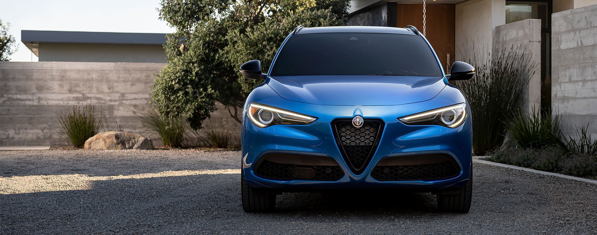 Front view of a blue Stelvio