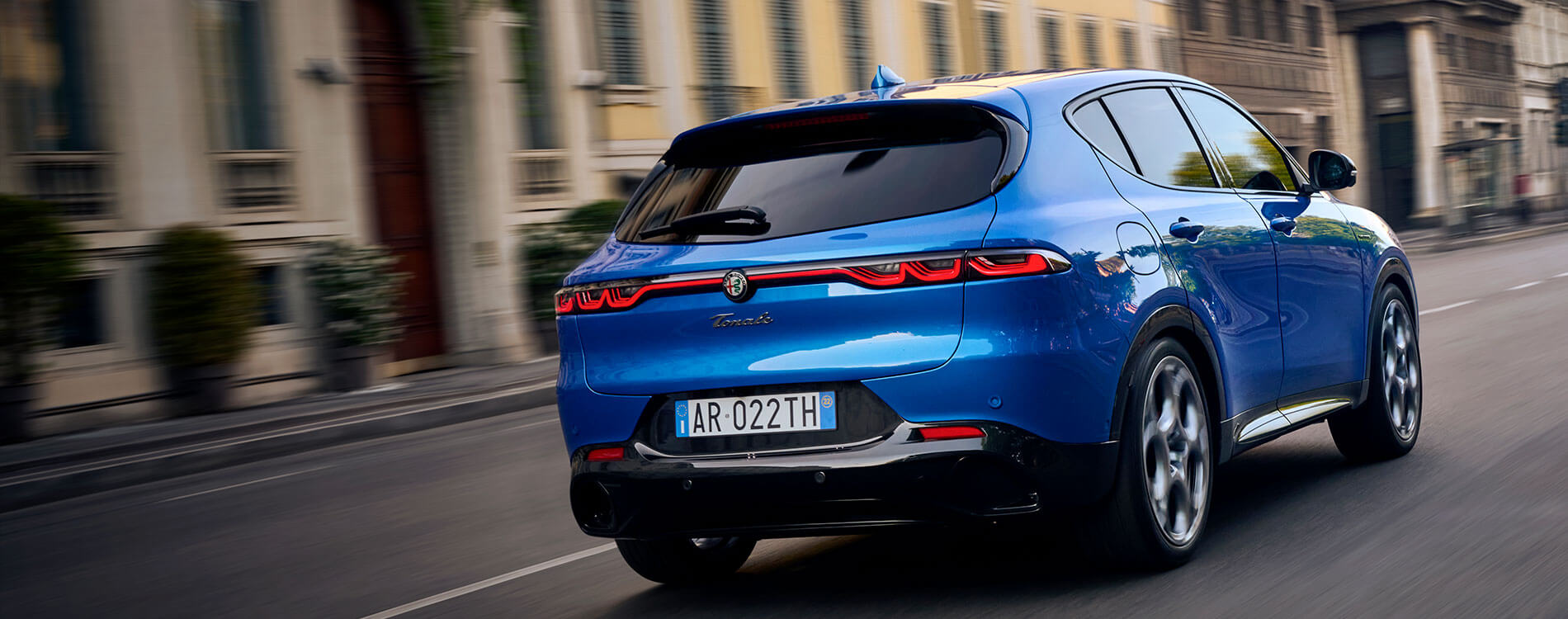 Rear of a blue Alfa Romeo Tonale
